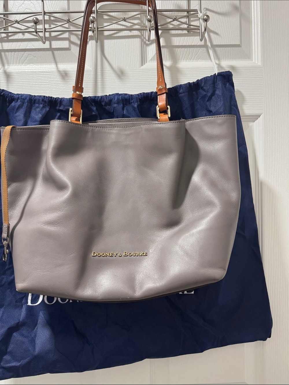 Dooney & Bourke Gray Leather Tote with Brown Handles and Gold Logo